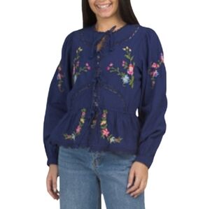 Jennifer &‎ Grace 100% Cotton Embroidered Blue Pink Jacket Blazer Size Large New